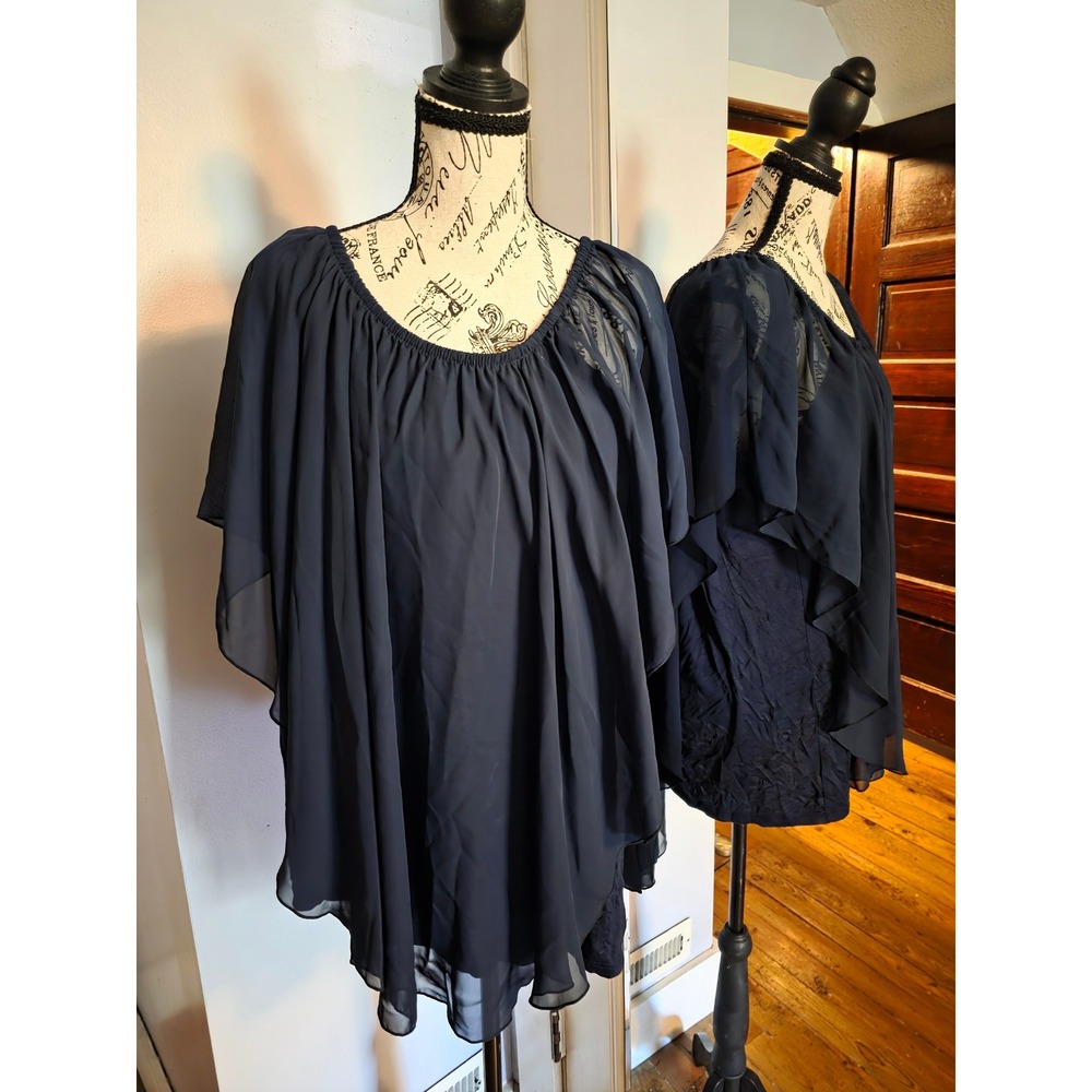 Chacha Vente Navy Blue Chiffon Poncho Overlay Blouse Plus Size 2X New